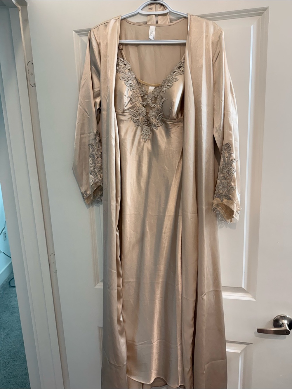 Flora Nikrooz Champagne Satin Nightgown & Robe Set